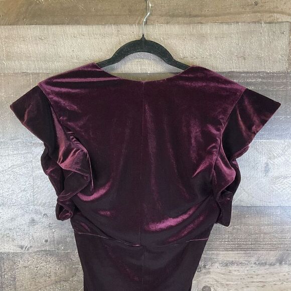 Misa Women’s Size Small Leila Velvet Bodysuit Burgundy Deep V Ruffle Sleeve - Picture 5 of 7